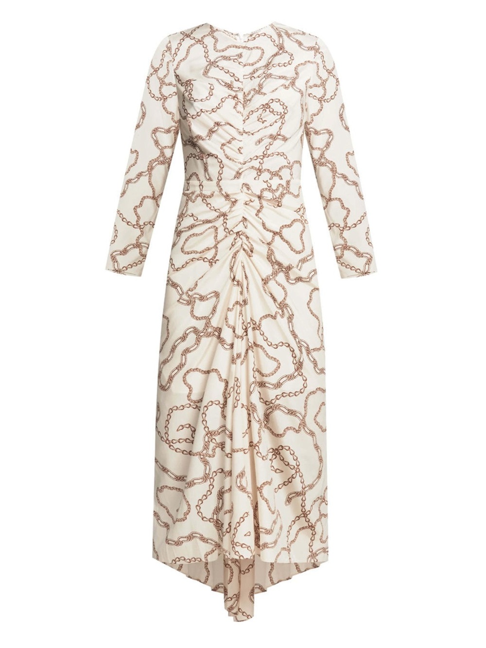 Veronica Beard Kersey Chain-Print Ruched Silk Midi Dress Ecru US 0